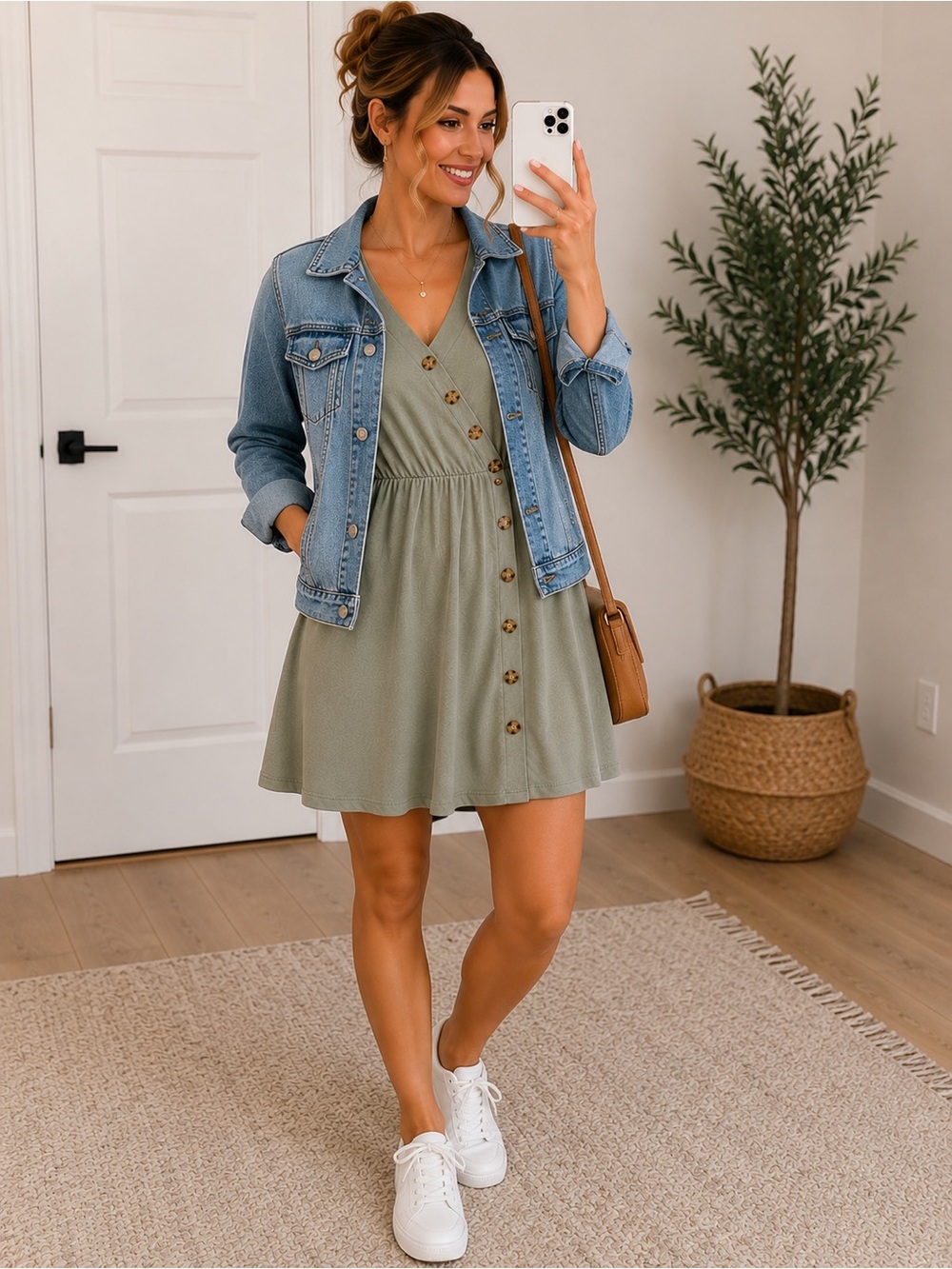 C&C California Sage Green V-Neck Button Mini Dress